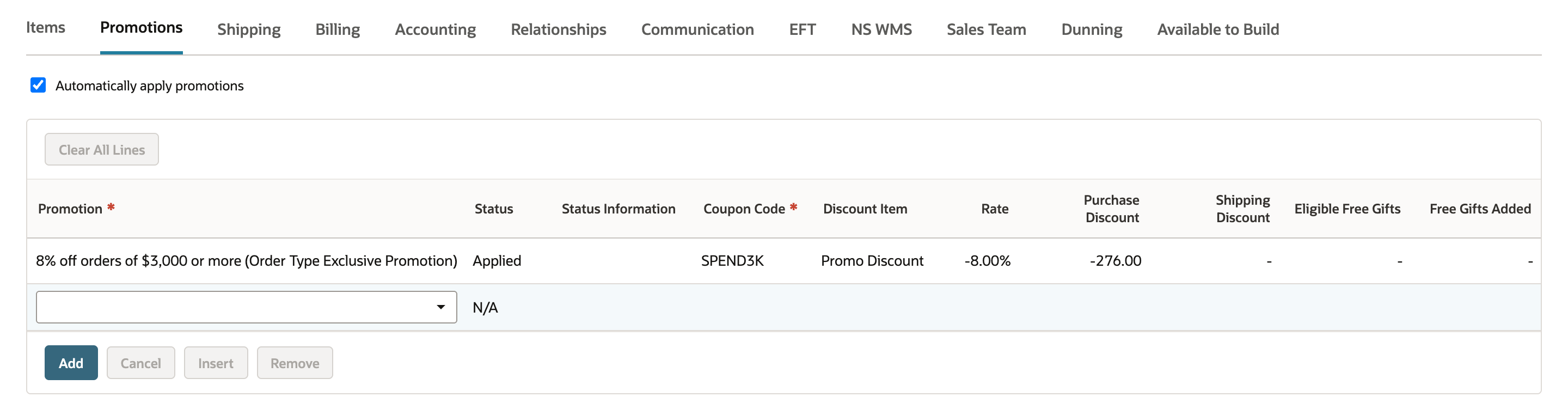 The sales order Promotions subtab with Automatically apply promotions checked. One row: 8% off orders of $3,000 or more (Order Type Exclusive Promotion), Status Applied, Coupon Code SPEND3K, Discount Item Promo Discount, Rate -8.00%, Purchase Discount -276.00.