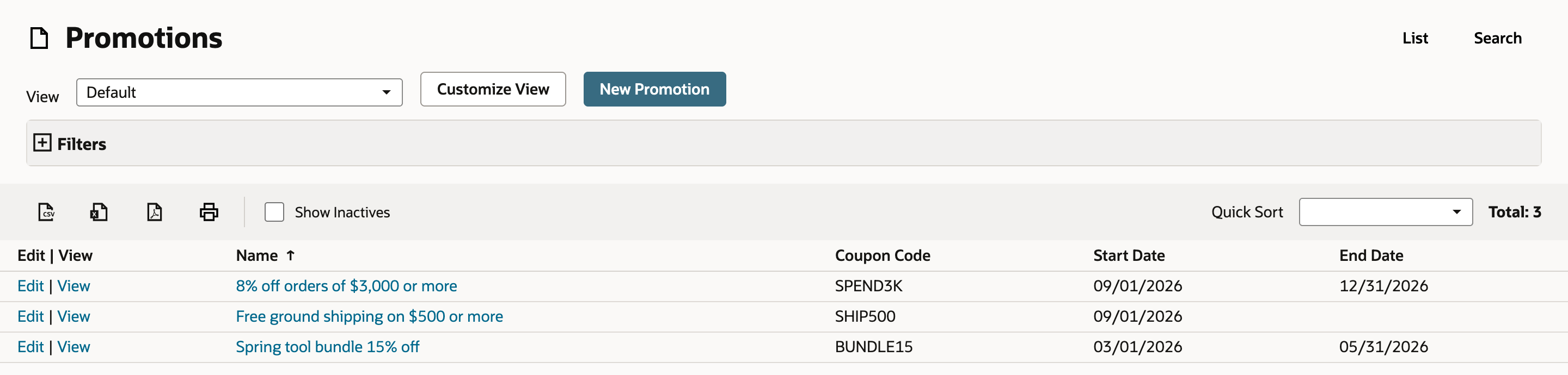 The Promotions list with Total: 3. Rows are 8% off orders of $3,000 or more (SPEND3K, 09/01/2026 to 12/31/2026), Free ground shipping on $500 or more (SHIP500) and Spring tool bundle 15% off (BUNDLE15). An arrow points to View on the 8% off orders of $3,000 or more row.
