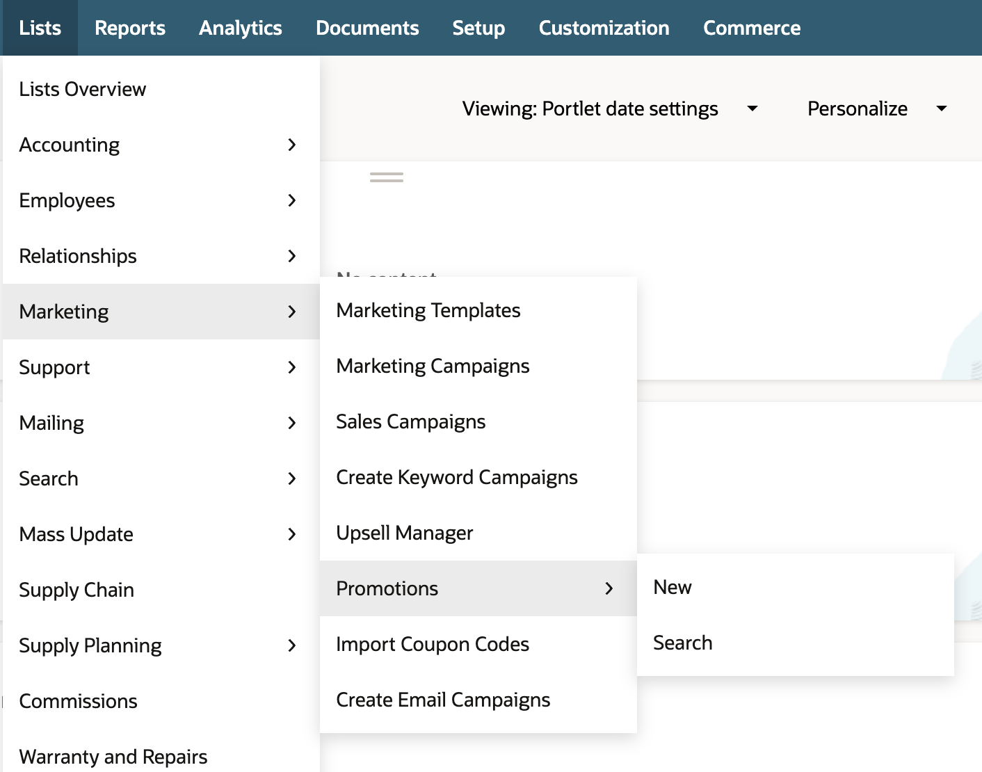 The Lists menu is open with Marketing highlighted. Its flyout lists Marketing Templates, Marketing Campaigns, Sales Campaigns, Create Keyword Campaigns, Upsell Manager, Promotions (highlighted, with New and Search), Import Coupon Codes and Create Email Campaigns.