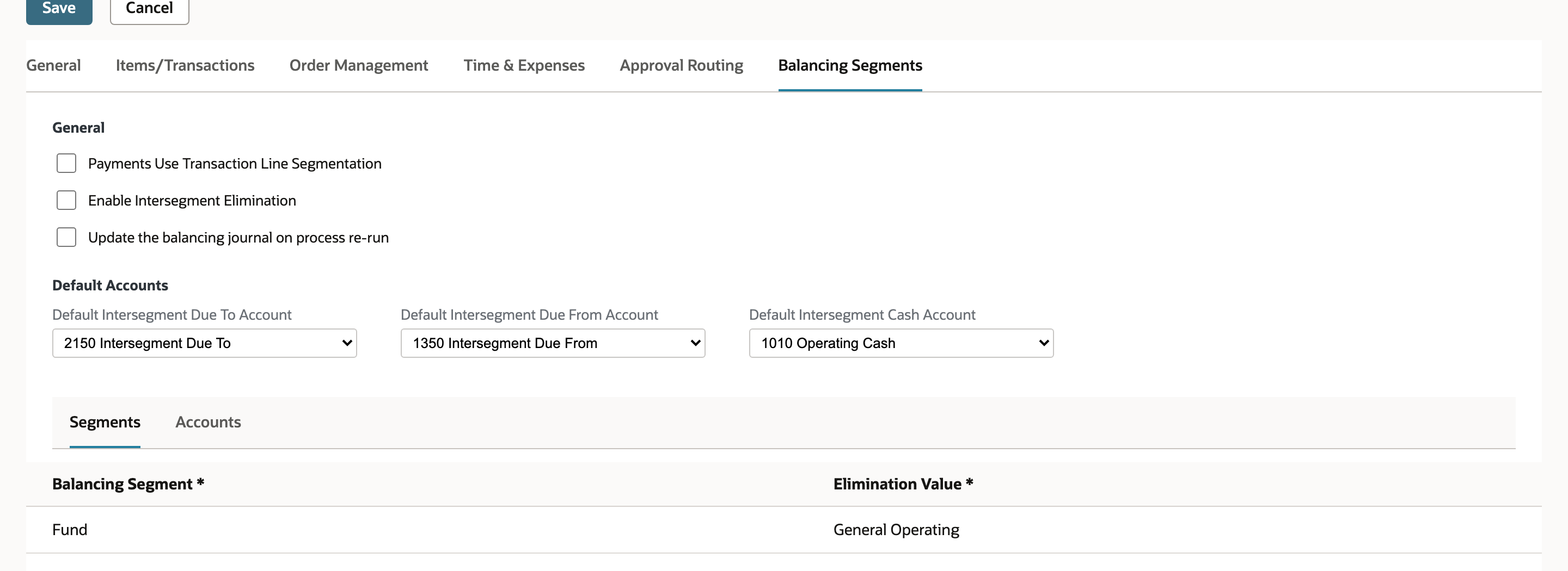 NetSuite Accounting Preferences Balancing Segments subtab with Default Intersegment Due To and Due From accounts set and Fund listed as the balancing segment