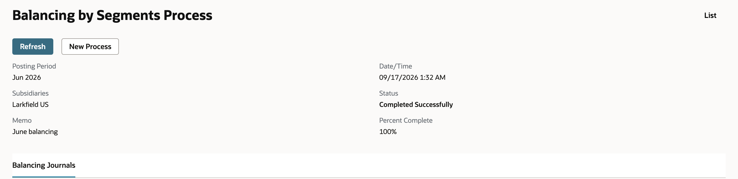 NetSuite Balancing by Segments Process page showing Status Completed Successfully and Percent Complete 100% with a link to the generated balancing journal