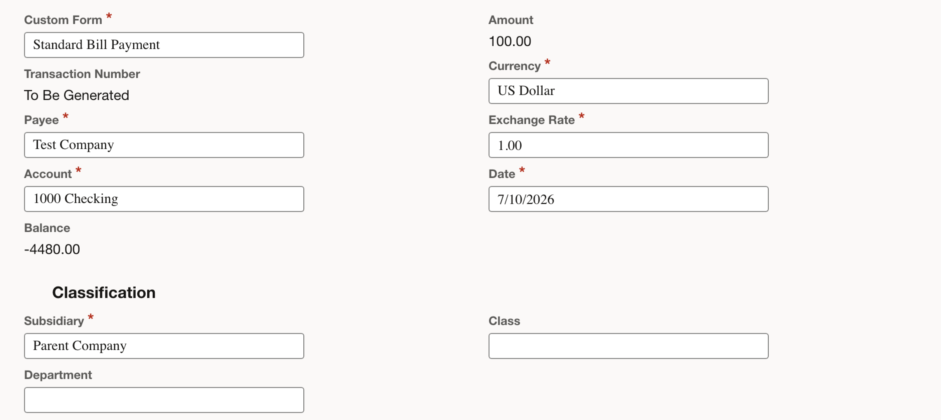 Bill Payment form showing the bank account, amount, and applied bill lines.