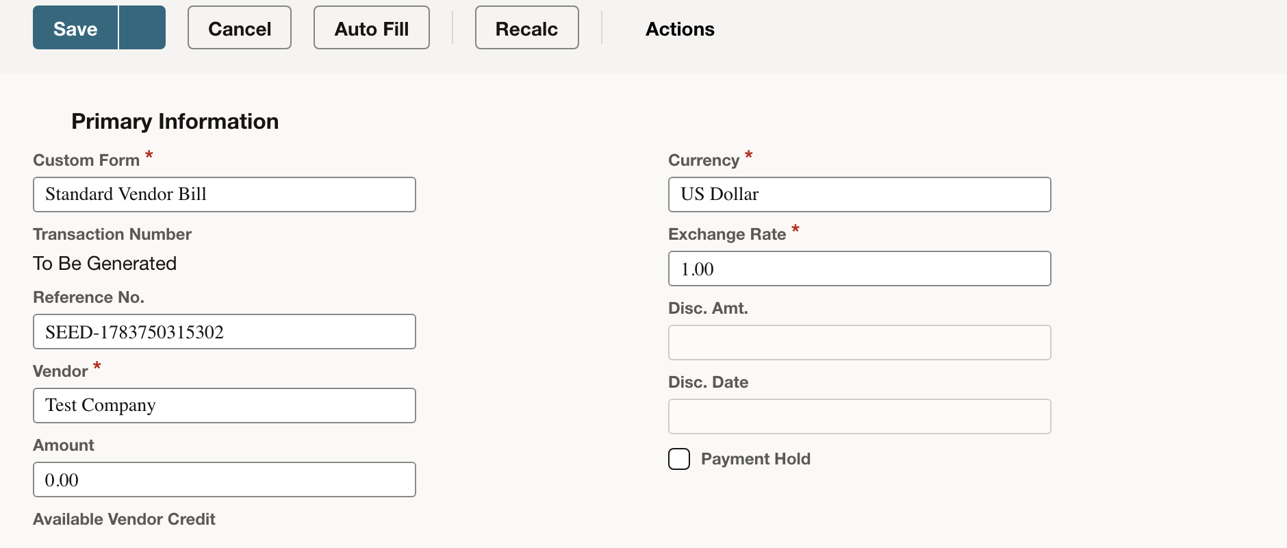 Vendor bill form with the primary information and expense or item sections visible.