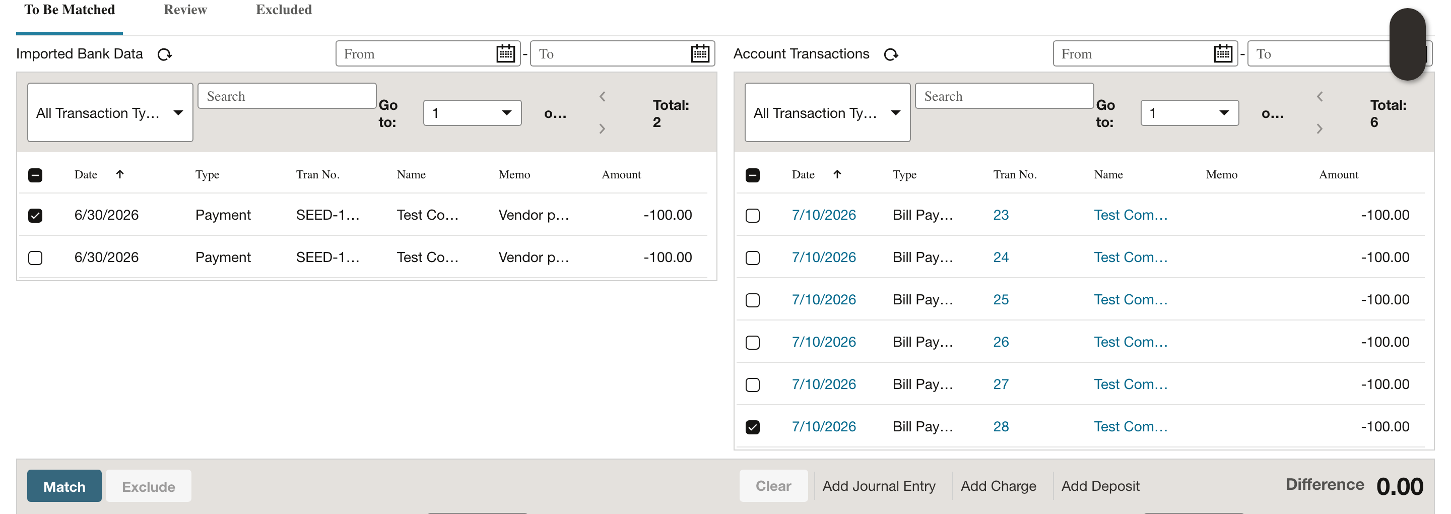 The selected bank line and bill payment both show 100.00, with different dates.