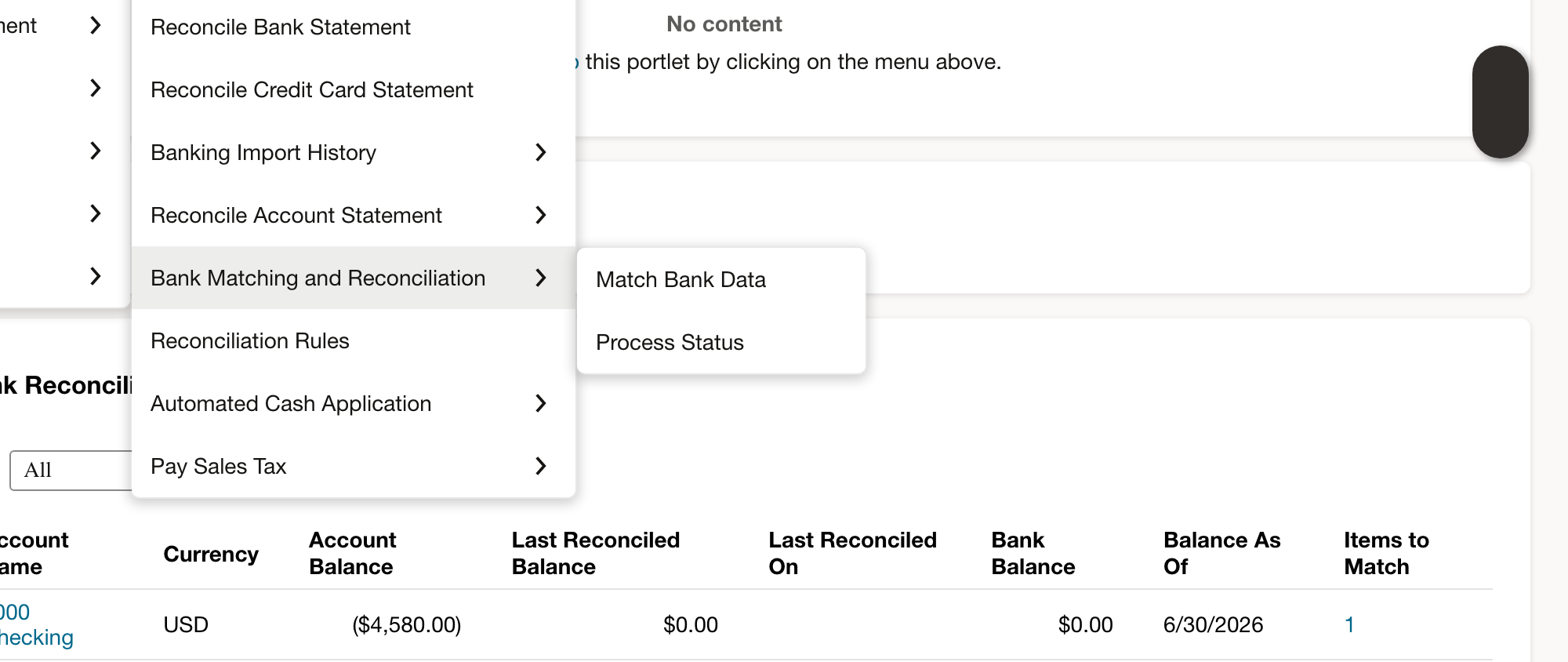 The expanded Bank menu leads to Match Bank Data.