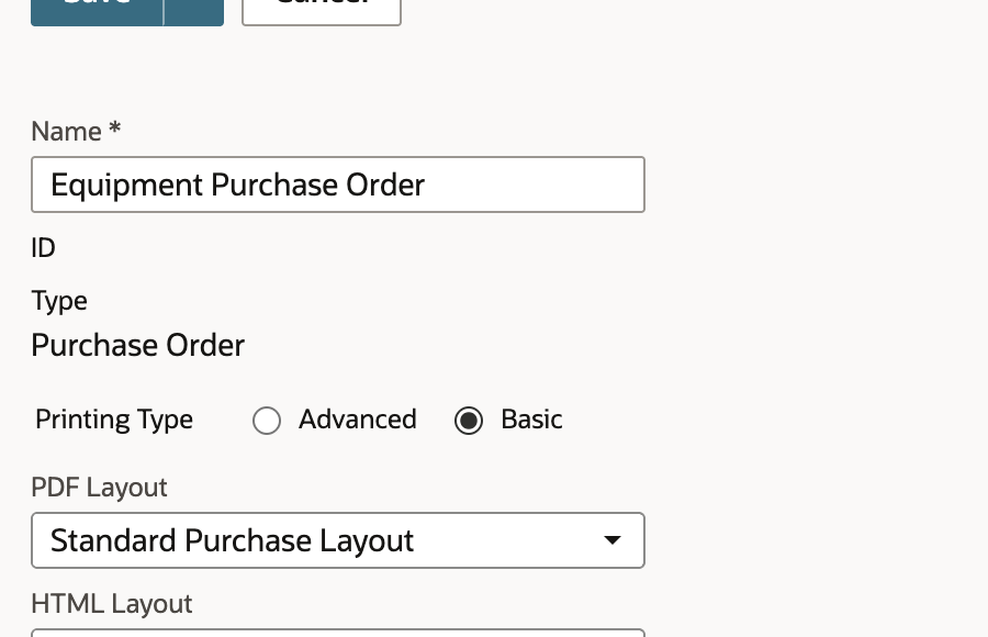 Equipment Purchase Order transaction form with Basic Printing Type.