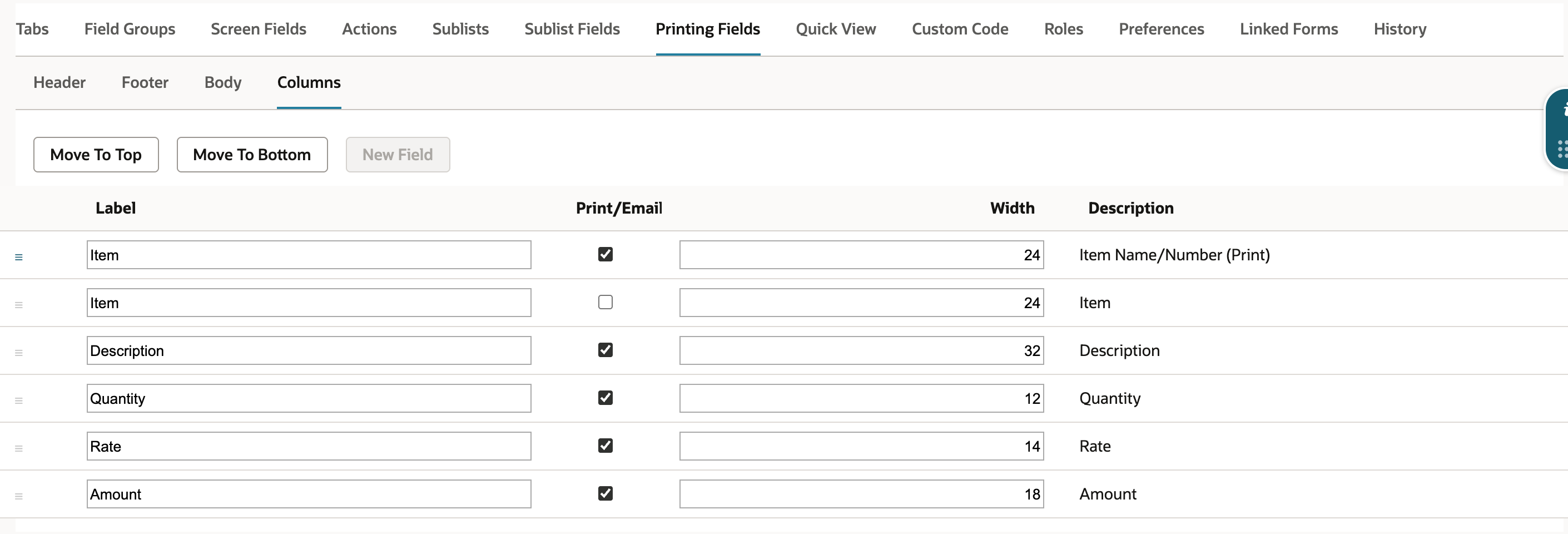 Printing Fields Columns settings for the sourced Item Name/Number (Print) field.