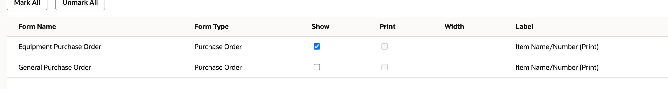Field application settings for Equipment Purchase Order.
