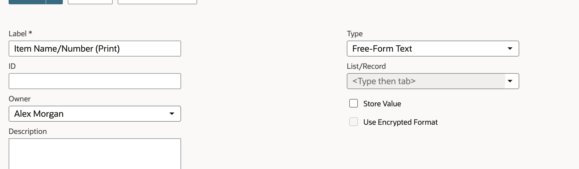 Transaction line field labelled Item Name/Number (Print), type Free-Form Text, with Store Value cleared.
