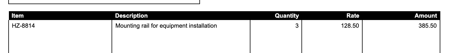 Baseline Basic purchase-order PDF with HZ-8814 in the Item column and total 385.50.