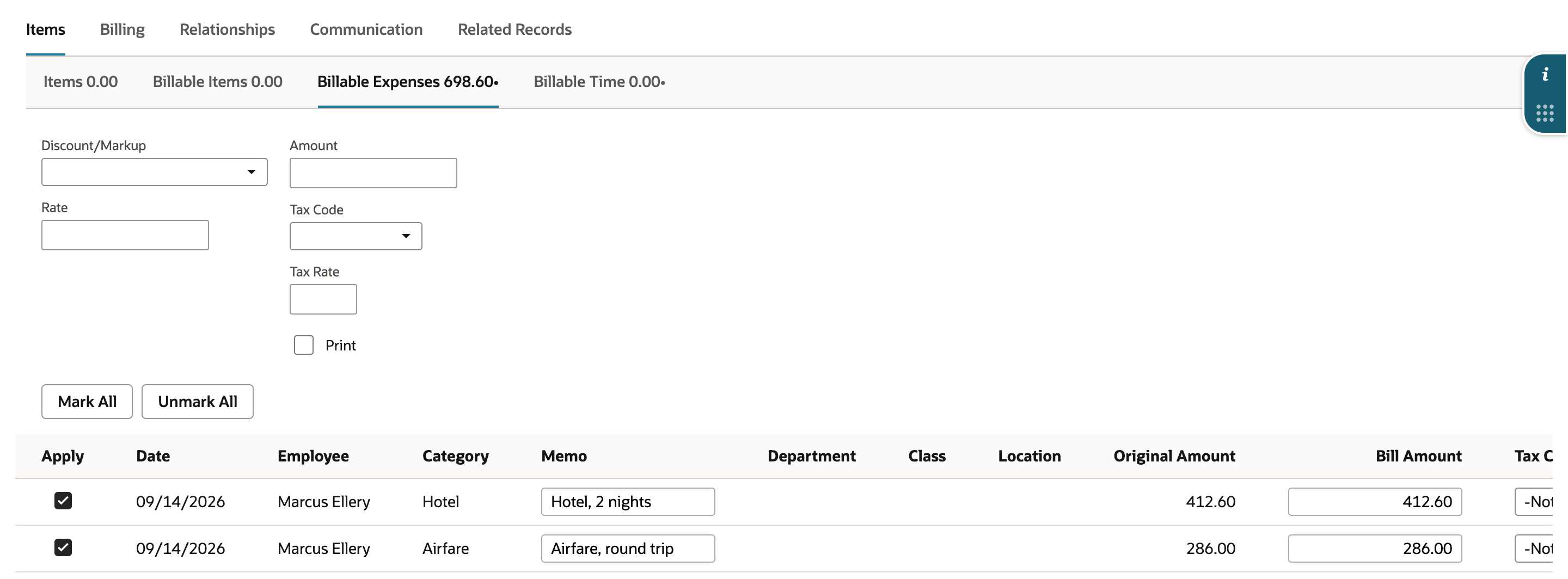 After Mark All, both expense rows have Apply checked and the subtab label reads Billable Expenses 698.60, with an arrow pointing to it. Billable Time still reads 0.00.