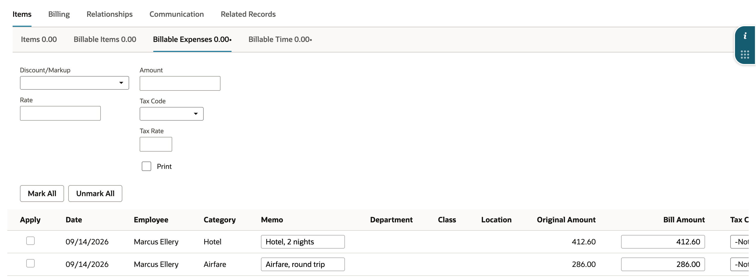 The invoice Items tab with the Billable Expenses 0.00 subtab open. Two rows dated 09/14/2026 for Marcus Ellery, Hotel and Airfare, with Original Amount and Bill Amount 412.60 and 286.00 and Apply clear. An arrow points to the Mark All button.