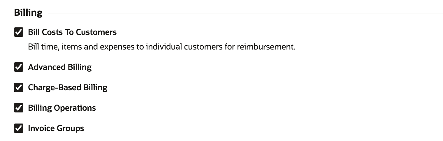 Enable Features, Transactions subtab, Billing group. Bill Costs To Customers is checked with the description Bill time, items and expenses to individual customers for reimbursement. Advanced Billing, Charge-Based Billing, Billing Operations, and Invoice Groups are also checked.