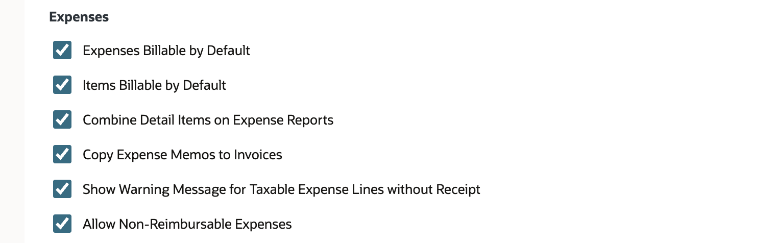 The Expenses group of Accounting Preferences with Expenses Billable by Default, Items Billable by Default, Combine Detail Items on Expense Reports, Copy Expense Memos to Invoices, Show Warning Message for Taxable Expense Lines without Receipt, and Allow Non-Reimbursable Expenses all checked.