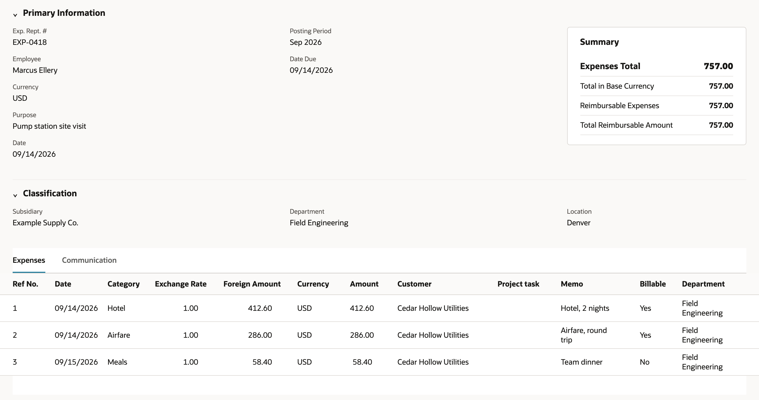 Expense report EXP-0418 for Marcus Ellery, Expenses Total 757.00. The Expenses subtab lists Hotel 412.60 and Airfare 286.00 for Cedar Hollow Utilities with Billable Yes, and Meals 58.40 for Cedar Hollow Utilities with Billable No. An arrow points to the No.