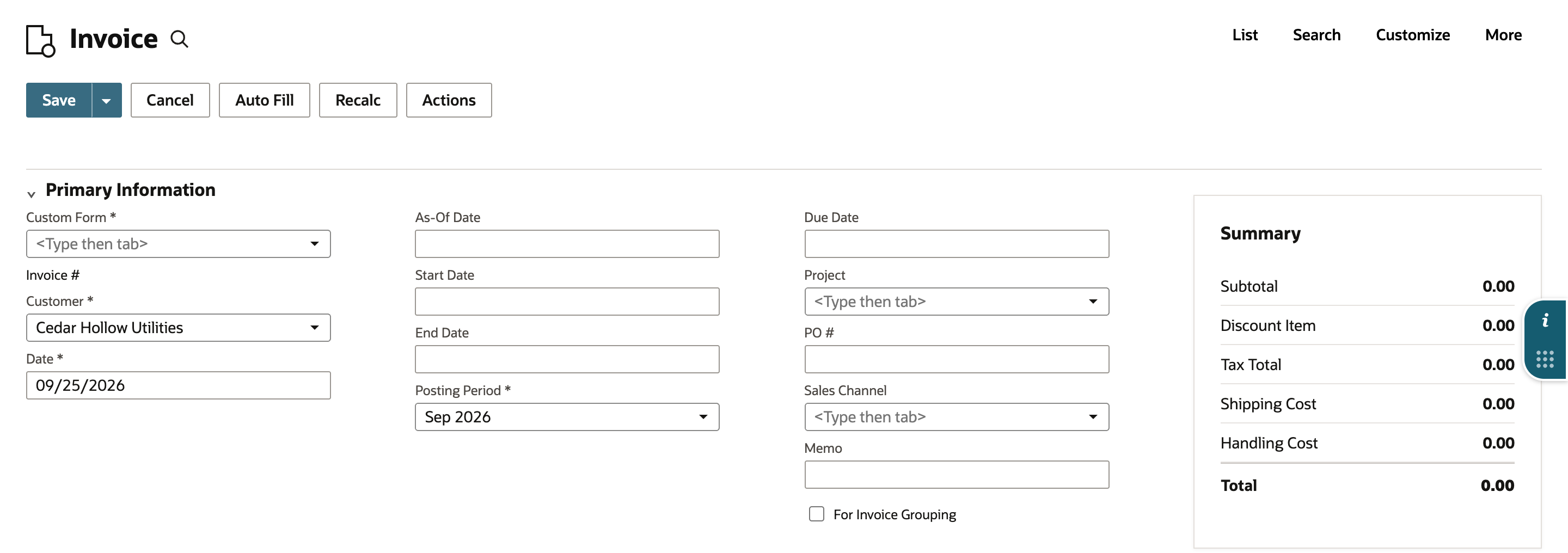New invoice with Customer Cedar Hollow Utilities, Date 09/25/2026, and Posting Period Sep 2026. The Summary shows Subtotal 0.00 and Total 0.00.