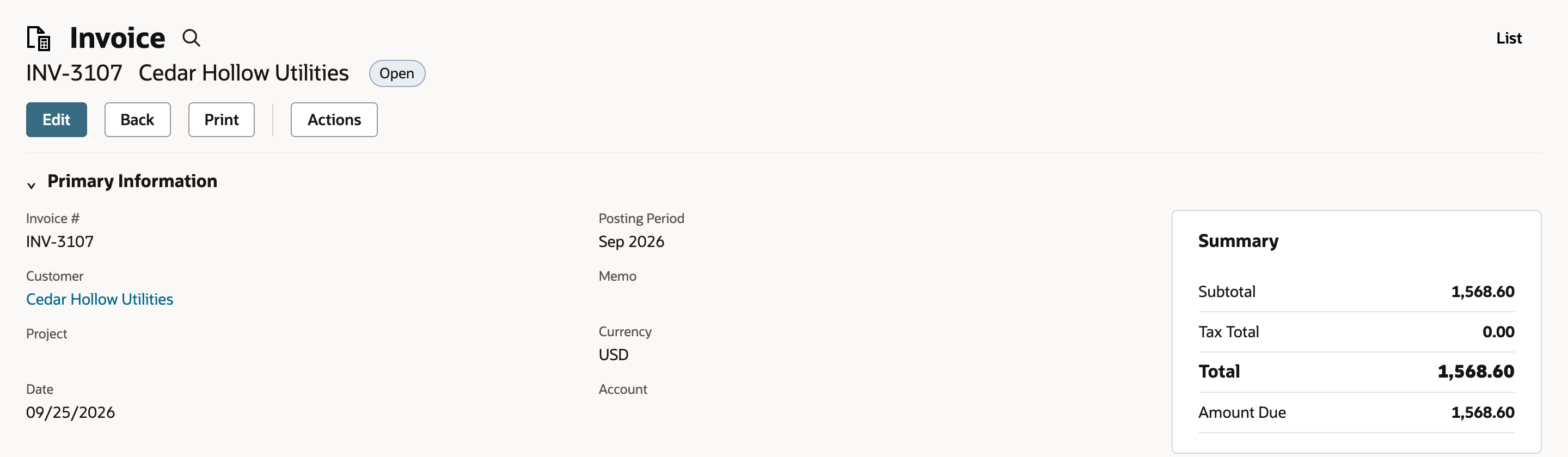 Saved invoice INV-3107 for Cedar Hollow Utilities, status Open, dated 09/25/2026. The Summary shows Subtotal 1,568.60, Tax Total 0.00, Total 1,568.60, and Amount Due 1,568.60.