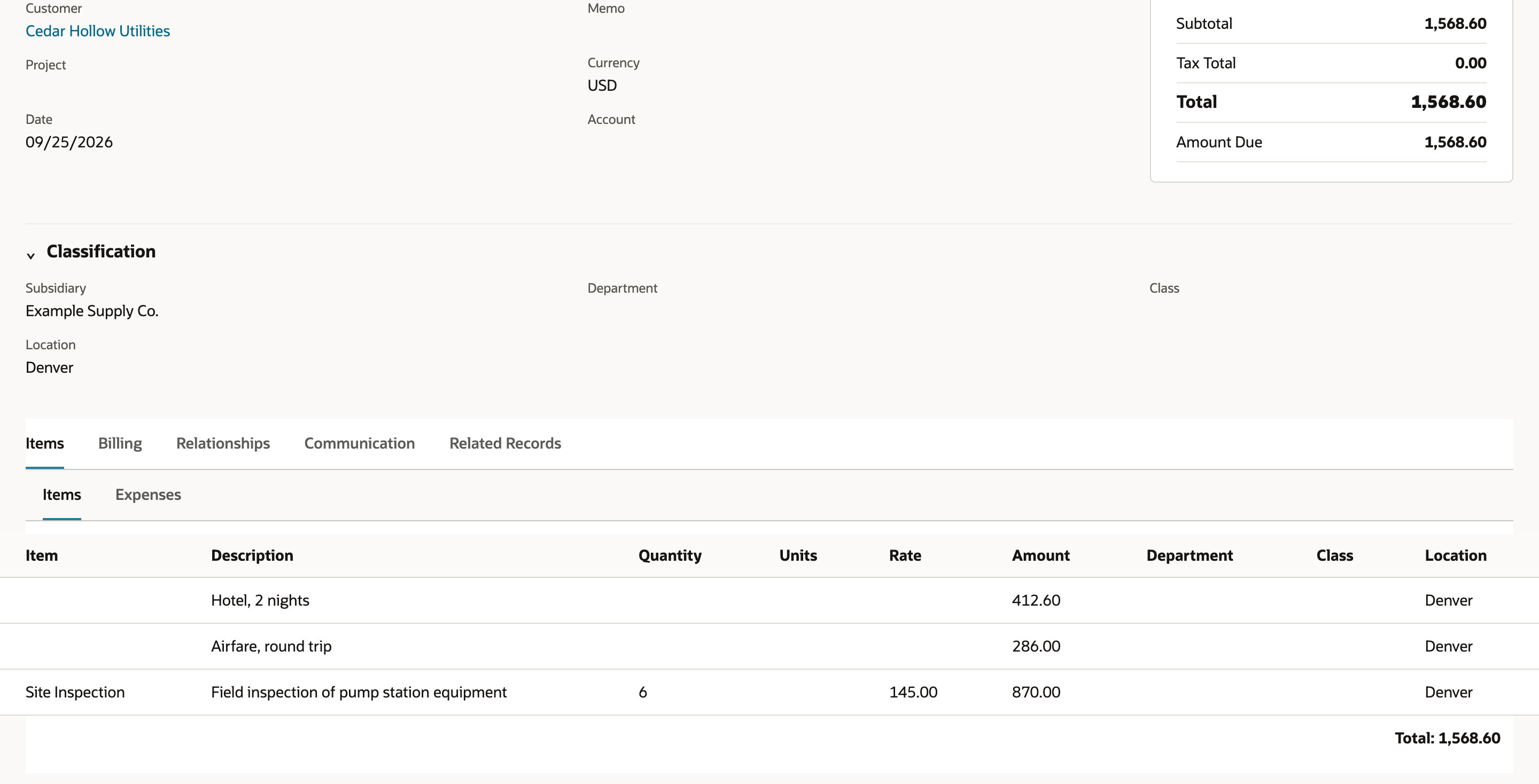Saved invoice for Cedar Hollow Utilities with Total and Amount Due 1,568.60. The Items sublist lists Hotel, 2 nights 412.60, Airfare, round trip 286.00, and Site Inspection with quantity 6, rate 145.00, and amount 870.00.