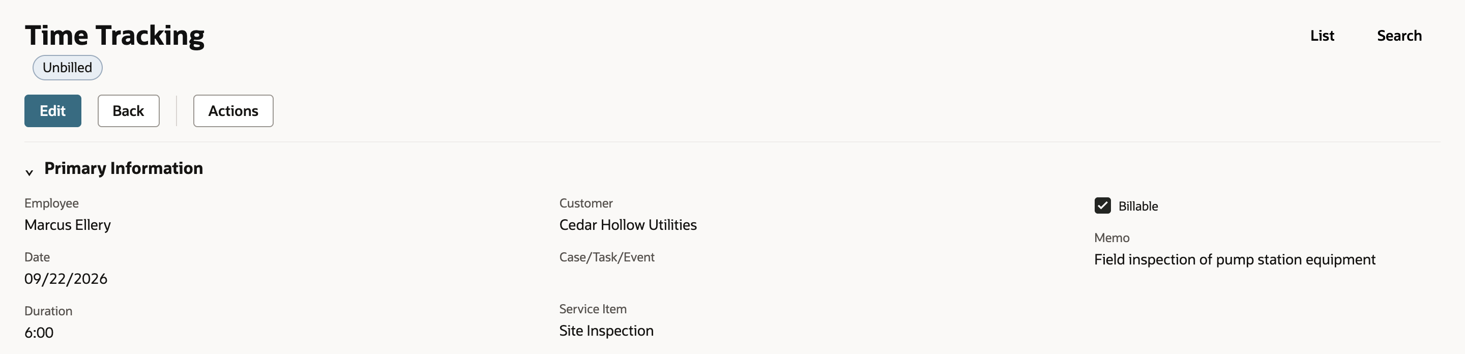 Saved Time Tracking record with status Unbilled. Employee Marcus Ellery, Date 09/22/2026, Duration 6:00, Customer Cedar Hollow Utilities, Service Item Site Inspection, Billable checked.
