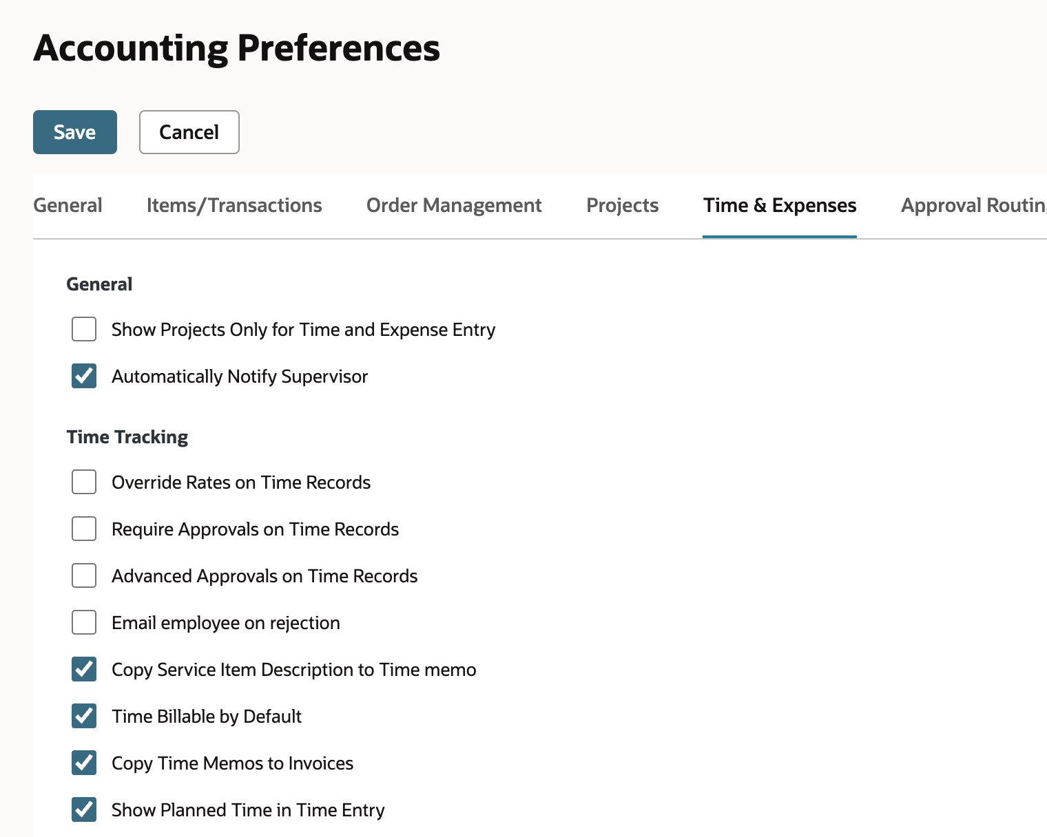 Accounting Preferences, Time and Expenses subtab. Under Time Tracking, Override Rates on Time Records and Require Approvals on Time Records are clear. Copy Service Item Description to Time memo, Time Billable by Default, and Copy Time Memos to Invoices are checked.