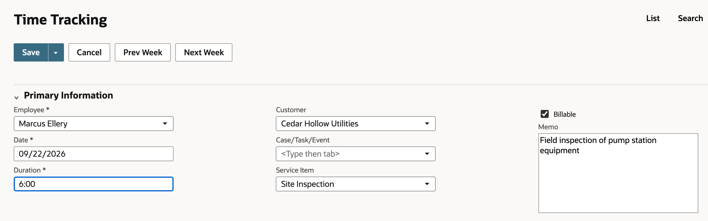 Time Tracking entry form with Employee Marcus Ellery, Date 09/22/2026, Duration 6:00, Customer Cedar Hollow Utilities, and Service Item Site Inspection. Billable is checked, with an arrow pointing to it, and Memo reads Field inspection of pump station equipment.