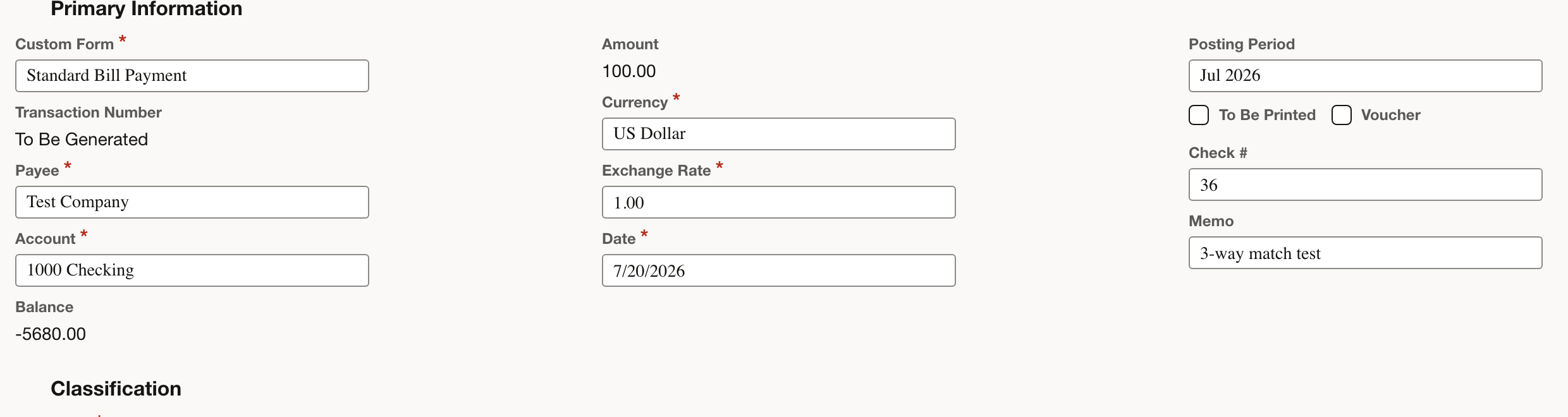 NetSuite: Review the payment account and the bill receiving the payment.