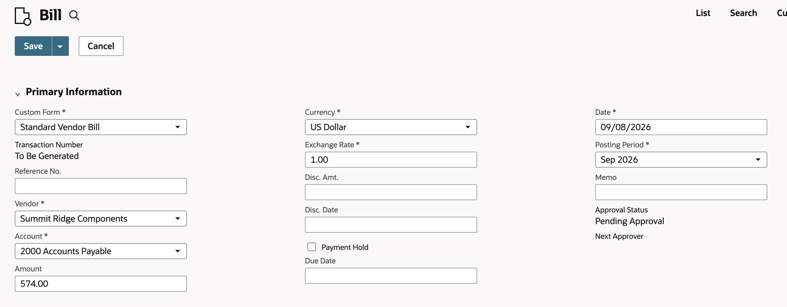 New unsaved bill with Vendor Summit Ridge Components, Amount 574.00, Transaction Number To Be Generated and an empty Reference No.