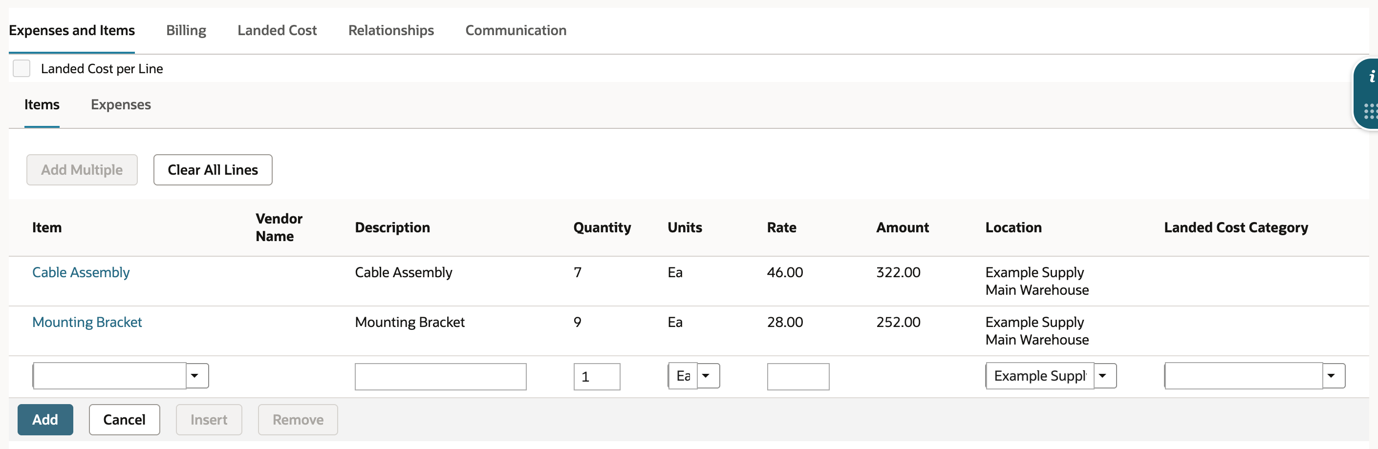 Items sublist on the unsaved bill: Cable Assembly quantity 7 rate 46.00 amount 322.00, Mounting Bracket quantity 9 rate 28.00 amount 252.00