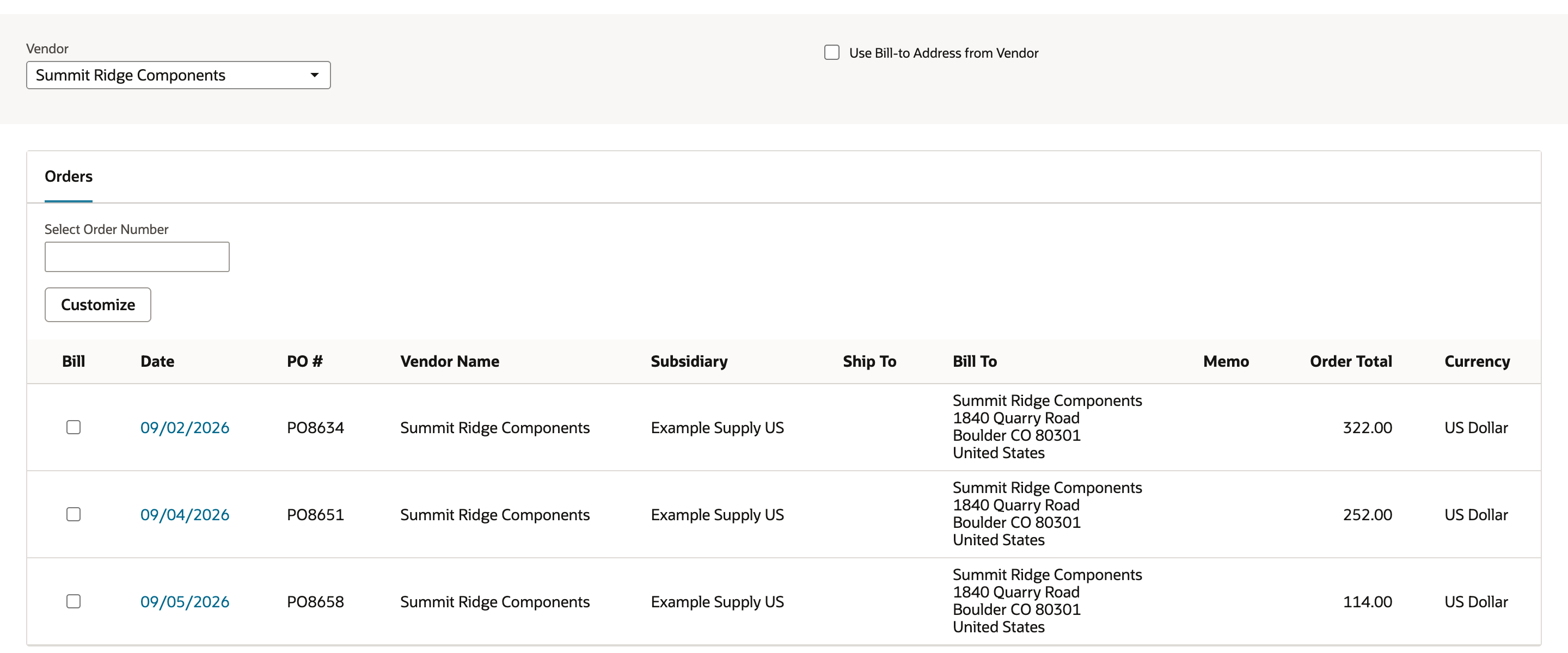 Bill Purchase Order page filtered to Summit Ridge Components, listing PO8634 at 322.00, PO8651 at 252.00 and PO8658 at 114.00 in US Dollar