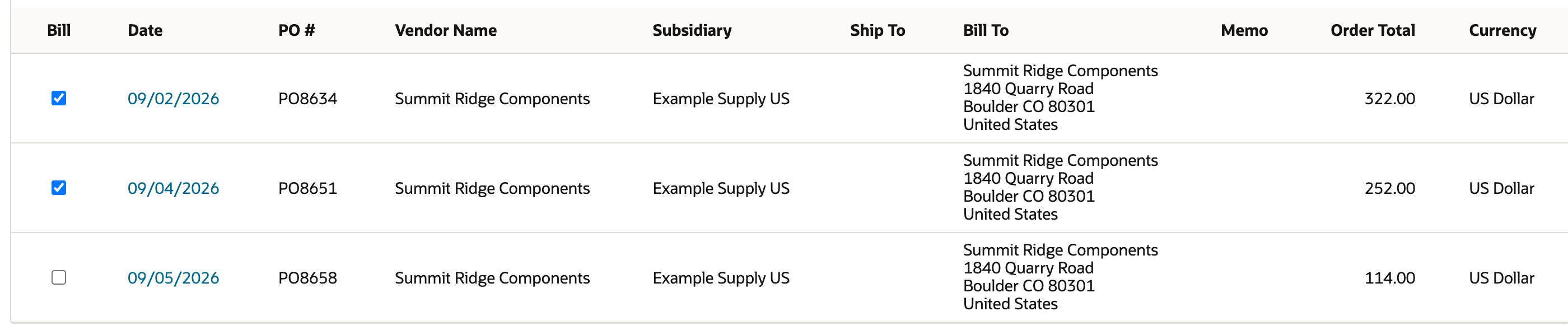 PO8634 and PO8651 checked in the Bill column, PO8658 unchecked
