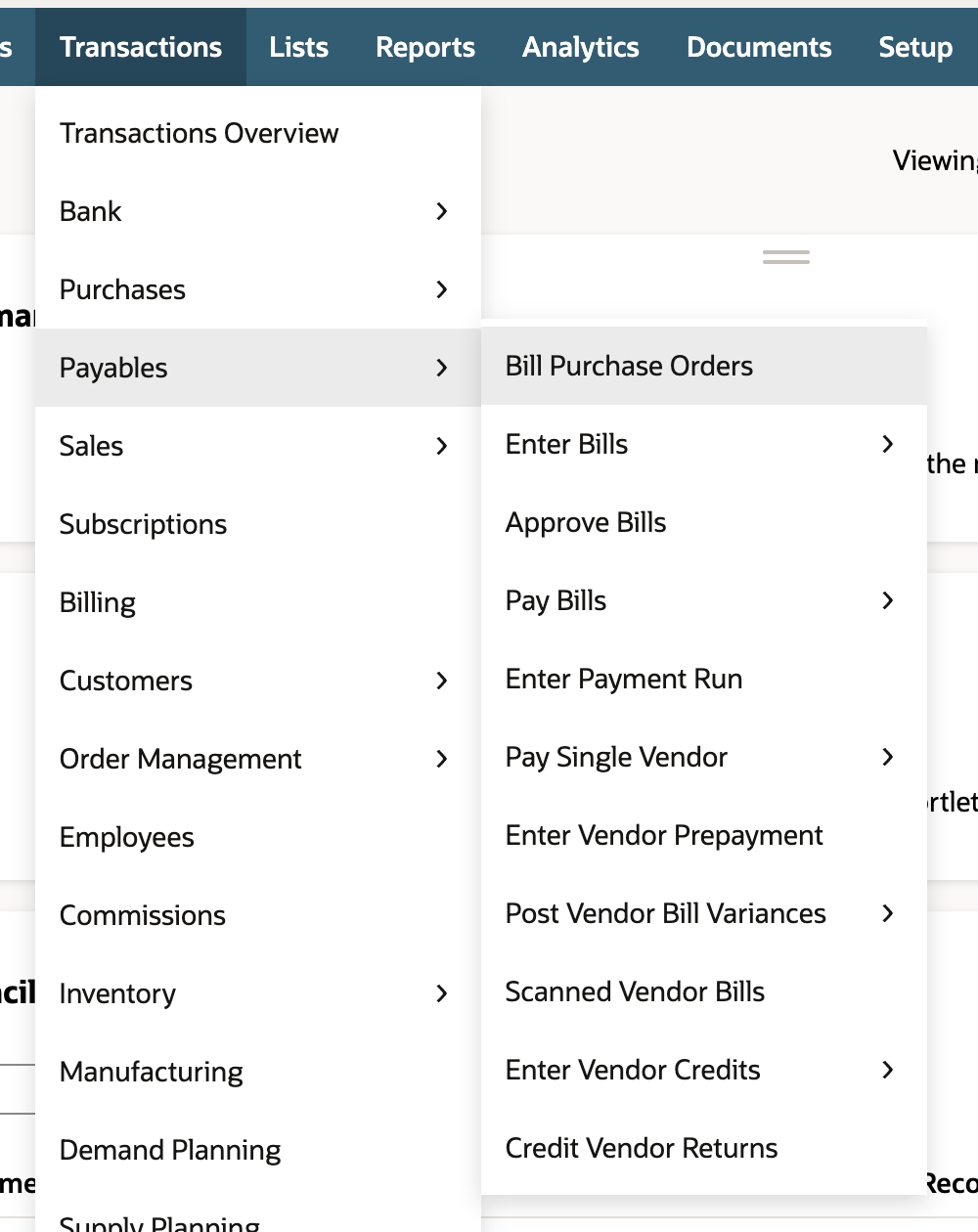 NetSuite Transactions menu open at Payables, with Bill Purchase Orders as the first Payables entry