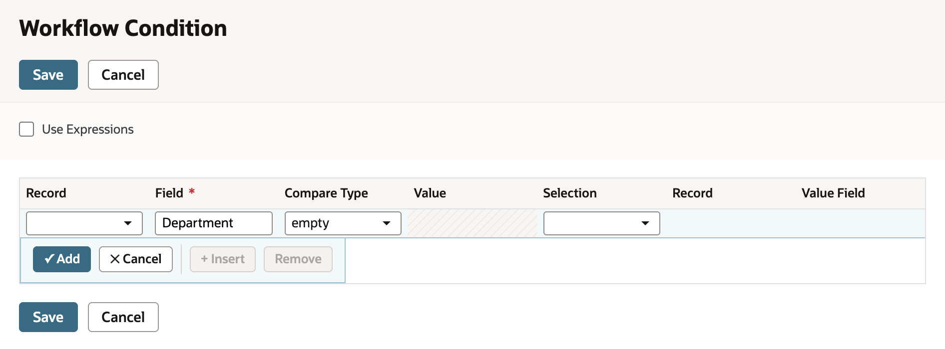 Workflow Condition window with one row: Field Department and Compare Type empty, before clicking Add.