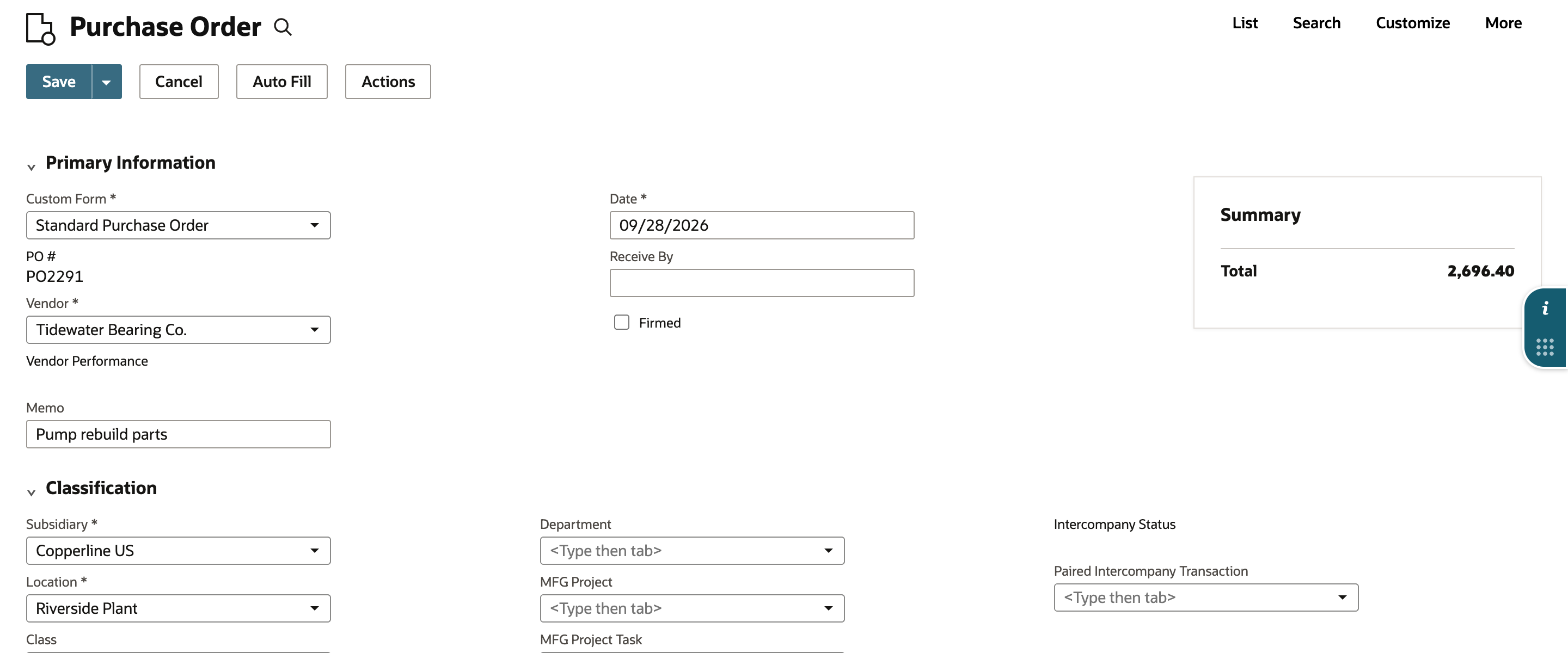 PO2291 in edit mode with Save, Cancel, Auto Fill and Actions. Classification shows Subsidiary Copperline US, Location Riverside Plant and an empty Department field.