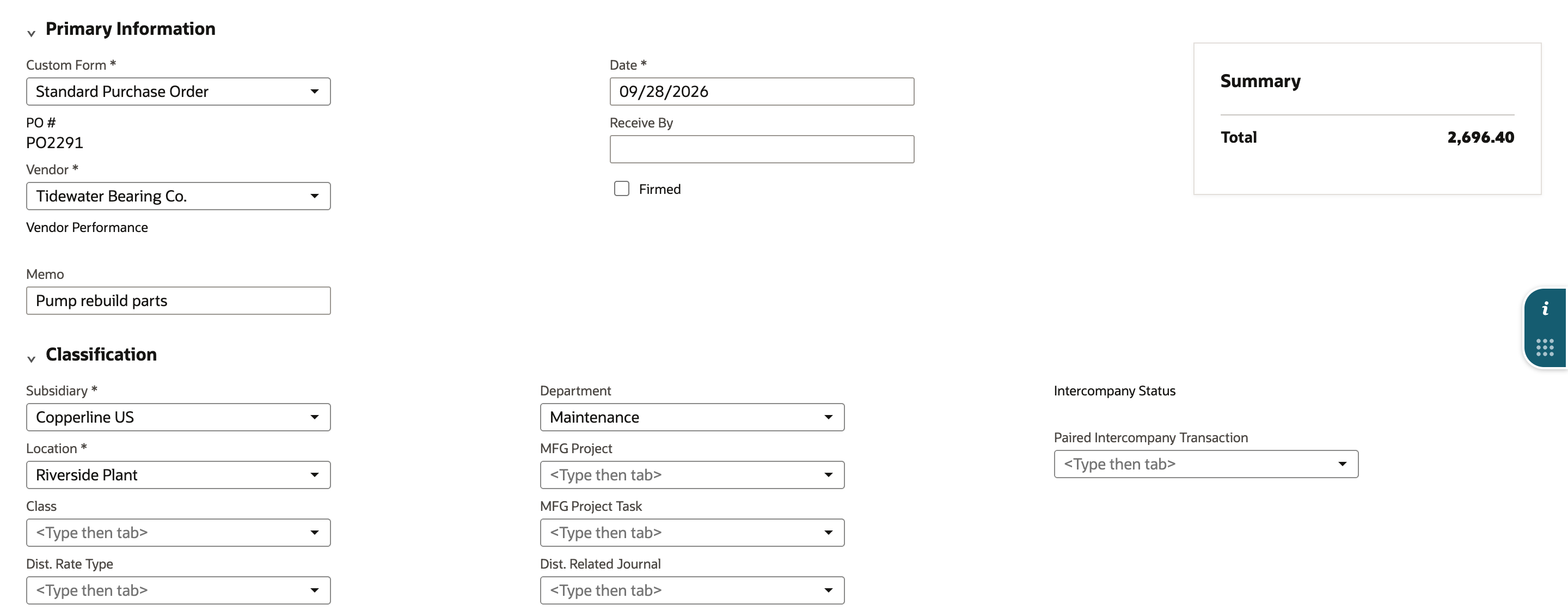 PO2291 edit form after Go Back, with Department set to Maintenance in Classification.