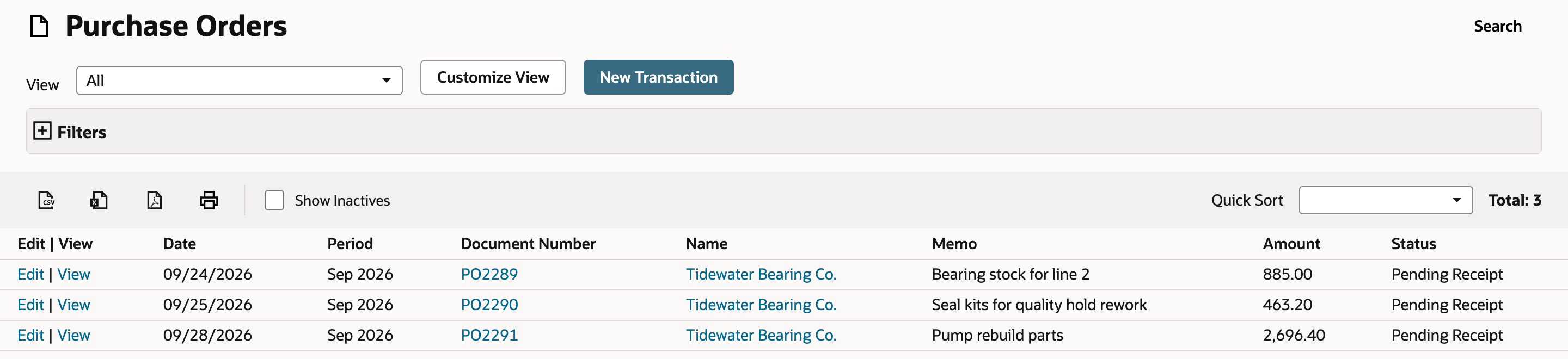Purchase Orders list with three Tidewater Bearing Co. orders: PO2289 for 885.00, PO2290 for 463.20 and PO2291, Pump rebuild parts, for 2,696.40, all Pending Receipt.