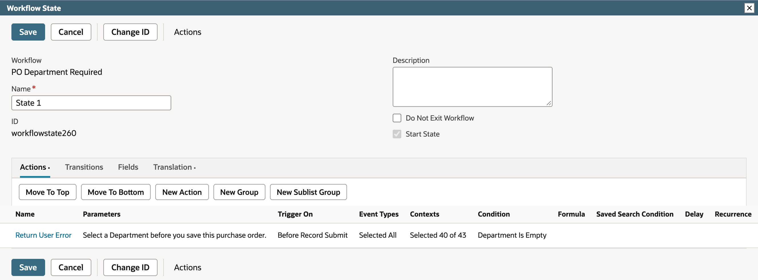 Workflow State window for State 1, Actions subtab, with one row: Return User Error, Select a Department before you save this purchase order., Before Record Submit, Selected All, Selected 40 of 43, Department Is Empty.