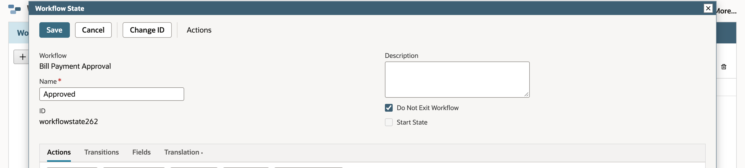 The Workflow State dialog for Approved, ID workflowstate262. Do Not Exit Workflow is checked and Start State is not. An arrow points to Do Not Exit Workflow.