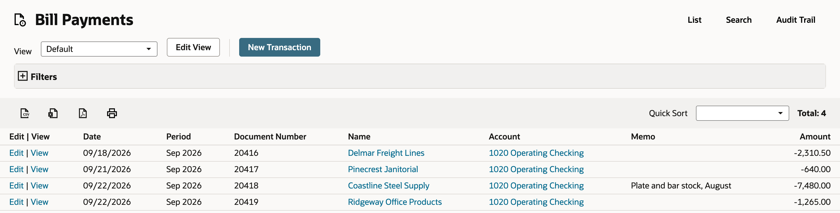 The Bill Payments list with Total: 4. Checks 20416 Delmar Freight Lines -2,310.50, 20417 Pinecrest Janitorial -640.00, 20418 Coastline Steel Supply -7,480.00 with memo Plate and bar stock, August, and 20419 Ridgeway Office Products -1,265.00, all from 1020 Operating Checking.