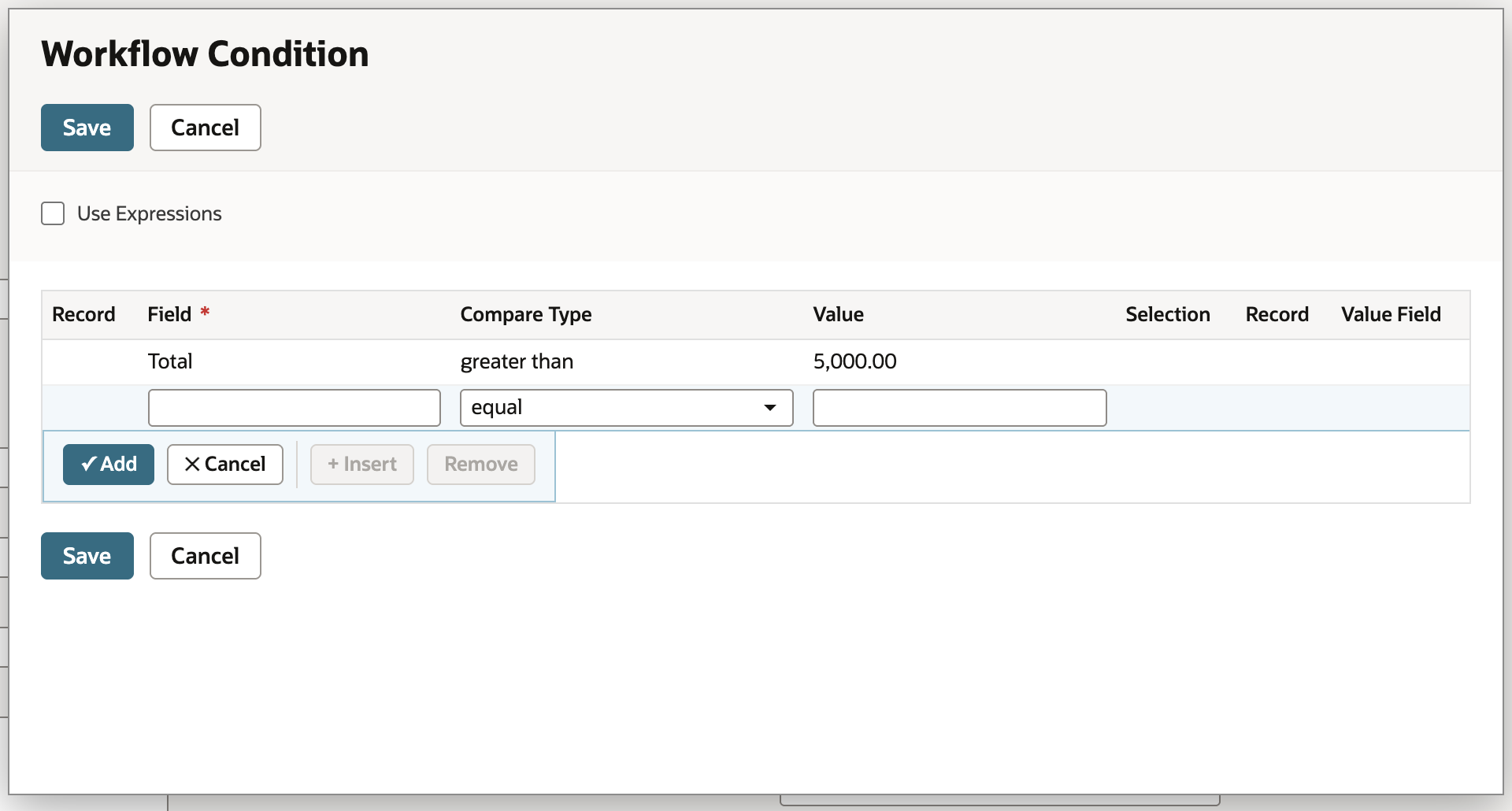 The Workflow Condition builder with Use Expressions unchecked. The saved row reads Field Total, Compare Type greater than, Value 5,000.00. Add, Cancel, Insert and Remove buttons sit under an empty new row.