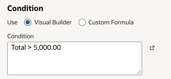 The Condition section of the Workflow Transition dialog. Use is set to Visual Builder, and the Condition box reads Total > 5,000.00.