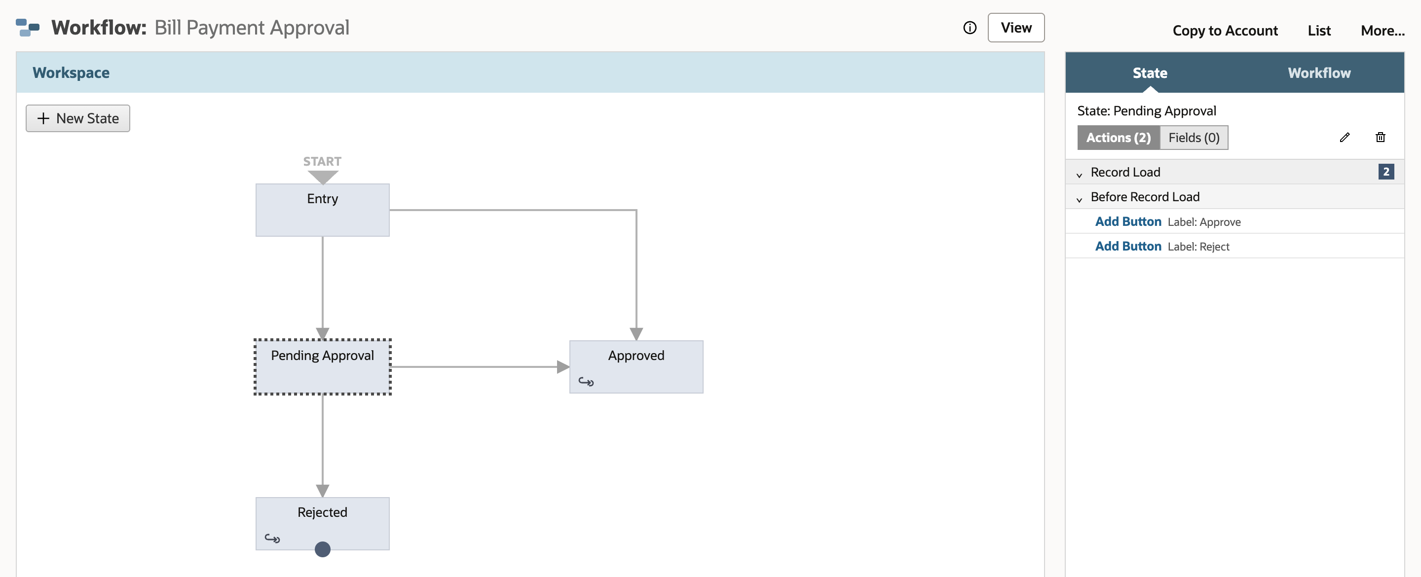 The finished diagram with Pending Approval selected. Entry has arrows down to Pending Approval and across to Approved. Pending Approval has arrows to Approved and down to Rejected. The State panel lists Add Button Label: Approve and Add Button Label: Reject under Before Record Load.