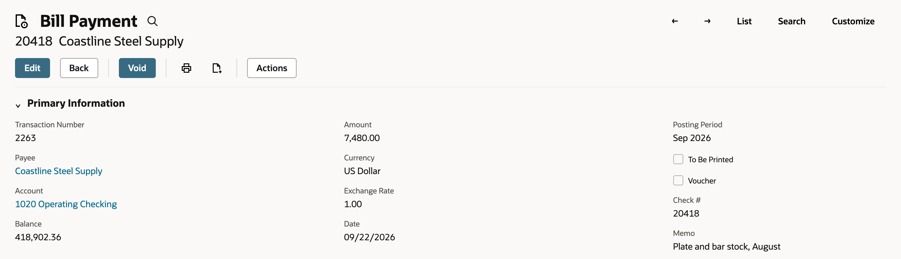 Bill Payment 20418 Coastline Steel Supply after Approve. The buttons are back to Edit, Back, Void and Actions. Amount 7,480.00 and Account 1020 Operating Checking are unchanged.