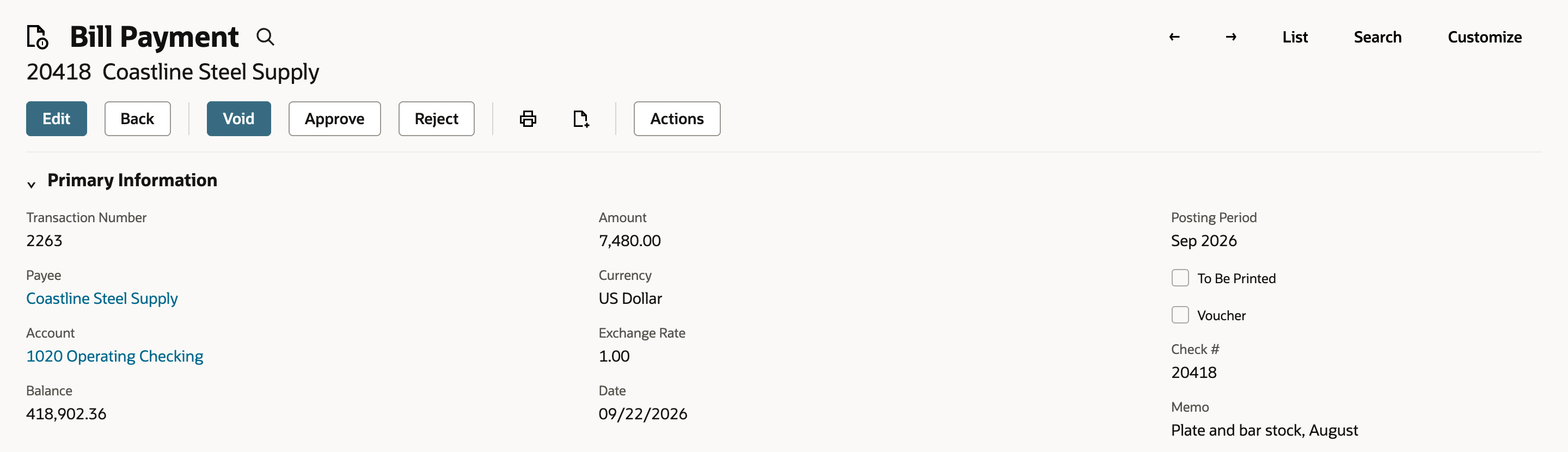 Bill Payment 20418 Coastline Steel Supply for 7,480.00. The buttons are now Edit, Back, Void, Approve, Reject and Actions.