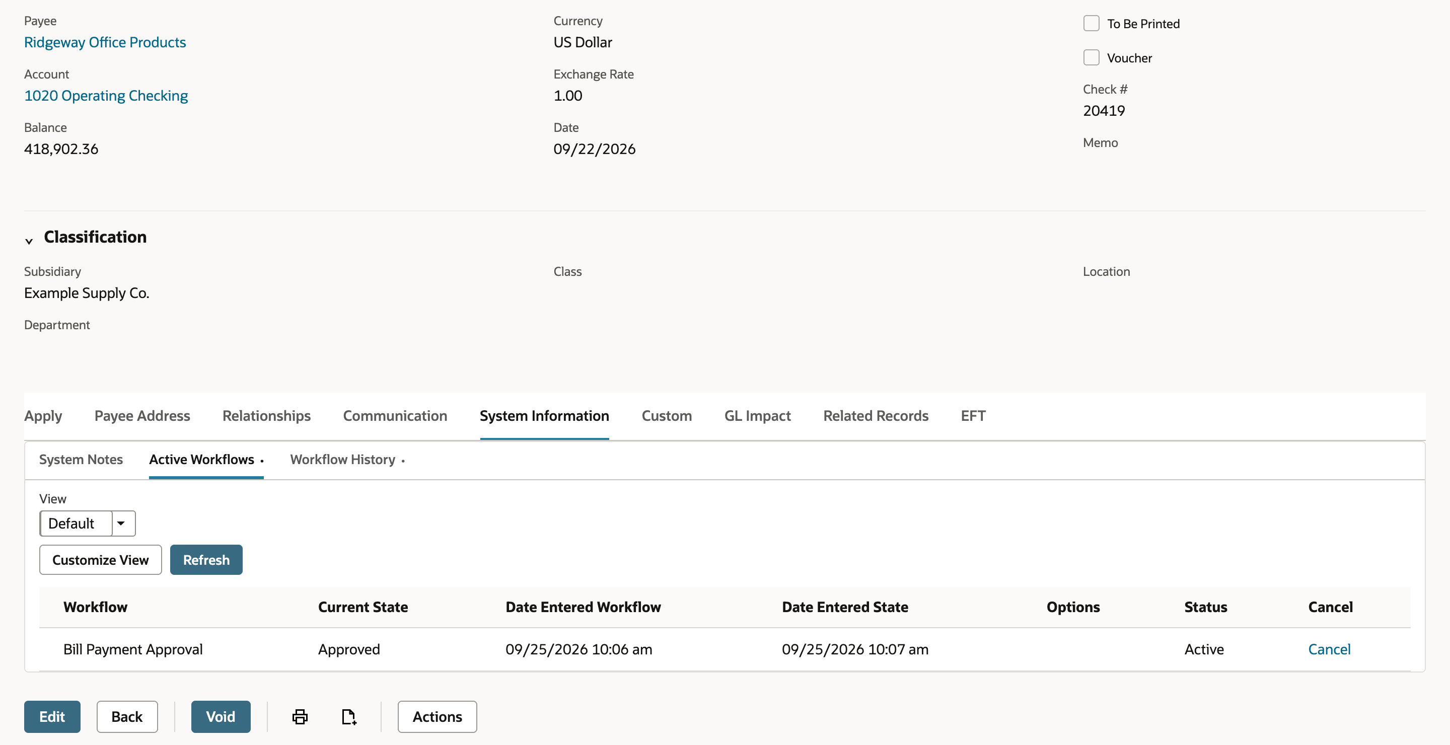 Check 20419 Ridgeway Office Products, scrolled to System Information. Active Workflows shows Bill Payment Approval with Current State Approved and Status Active. The buttons at the bottom are Edit, Back, Void and Actions.