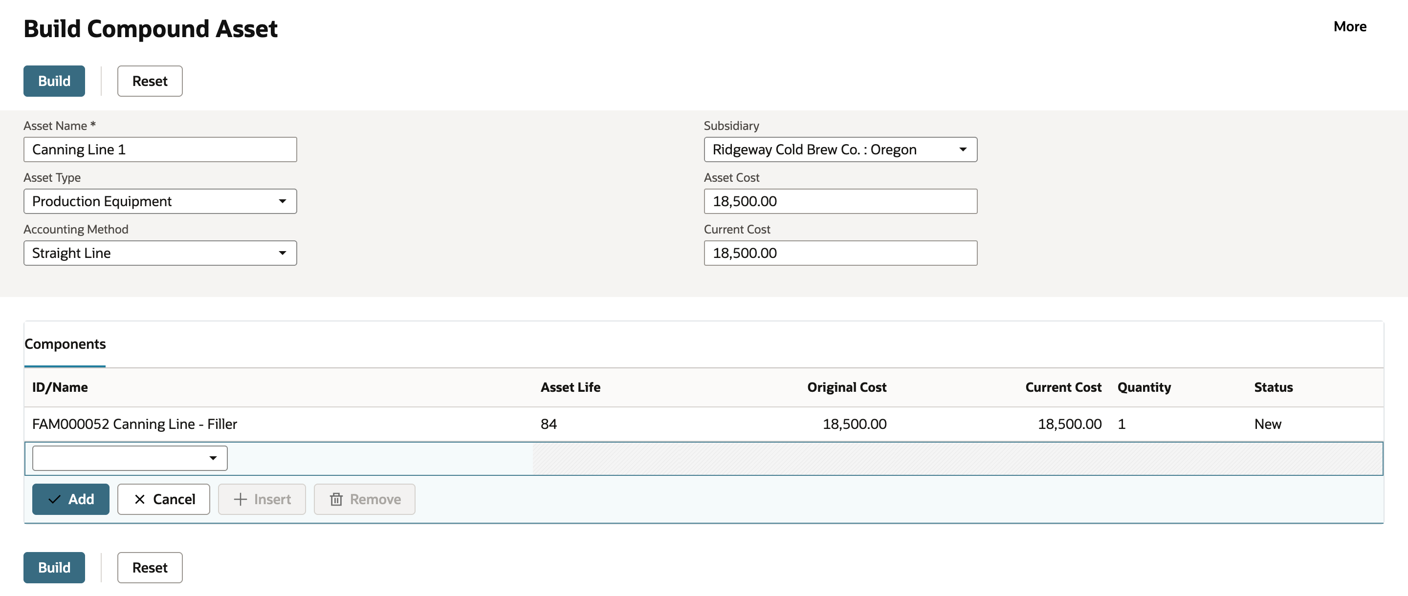 Build Compound Asset after adding the first component: the Components sublist line FAM000052 Canning Line - Filler, Asset Life 84, Original Cost 18,500.00, Current Cost 18,500.00, Quantity 1, Status New; the header Asset Cost and Current Cost show 18,500.00.