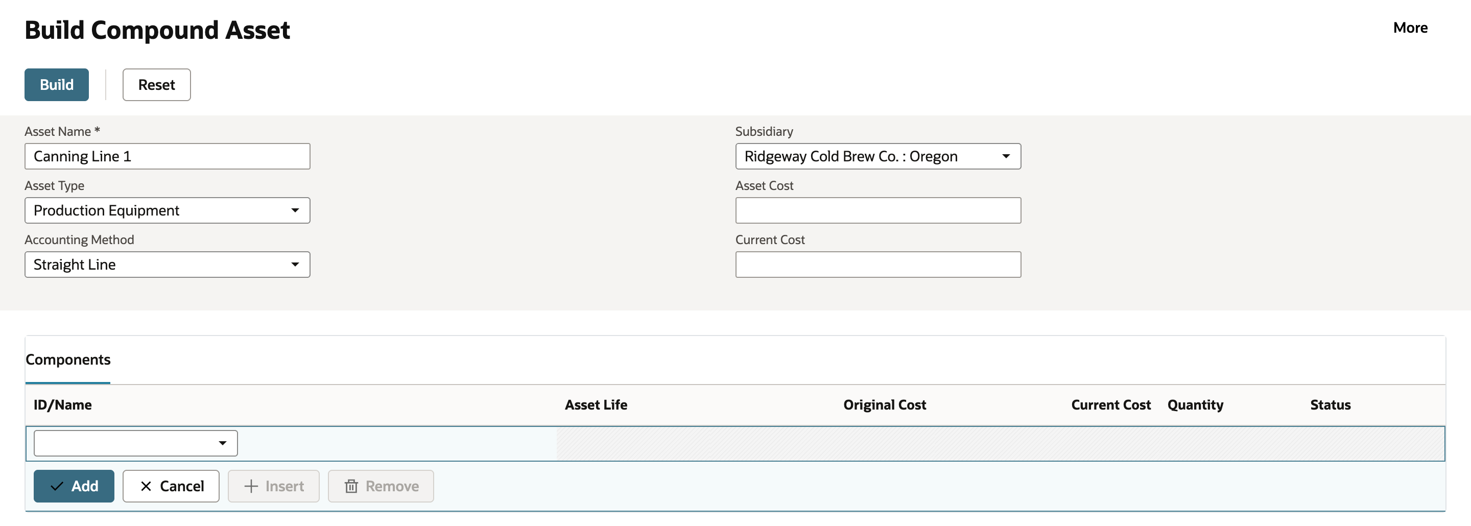 Build Compound Asset with Asset Name Canning Line 1, Asset Type Production Equipment, Accounting Method Straight Line and Subsidiary Ridgeway Cold Brew Co. : Oregon; Asset Cost and Current Cost are empty and the Components sublist has one empty ID/Name line.