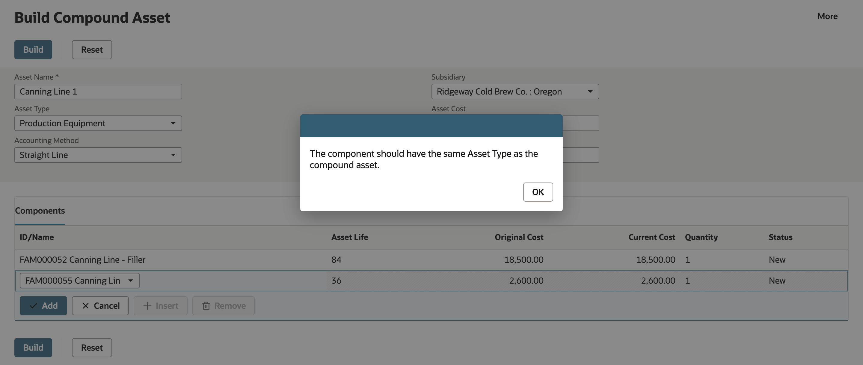 Build Compound Asset with FAM000055 Canning Line selected on the open line (Asset Life 36, 2,600.00) and a dialog: The component should have the same Asset Type as the compound asset. with an OK button.