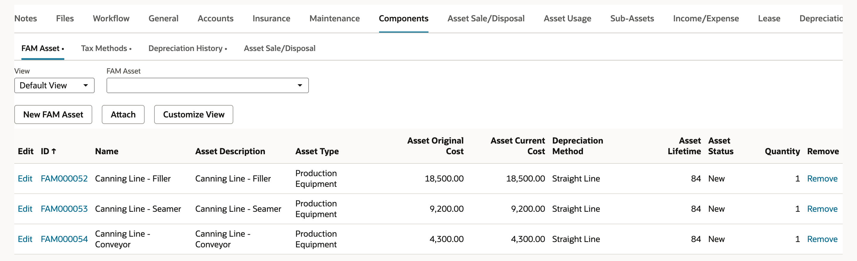 Components subtab of FAM000056, FAM Asset list: FAM000052 Canning Line - Filler 18,500.00, FAM000053 Canning Line - Seamer 9,200.00, FAM000054 Canning Line - Conveyor 4,300.00, all Production Equipment, Straight Line, lifetime 84, New, Quantity 1.