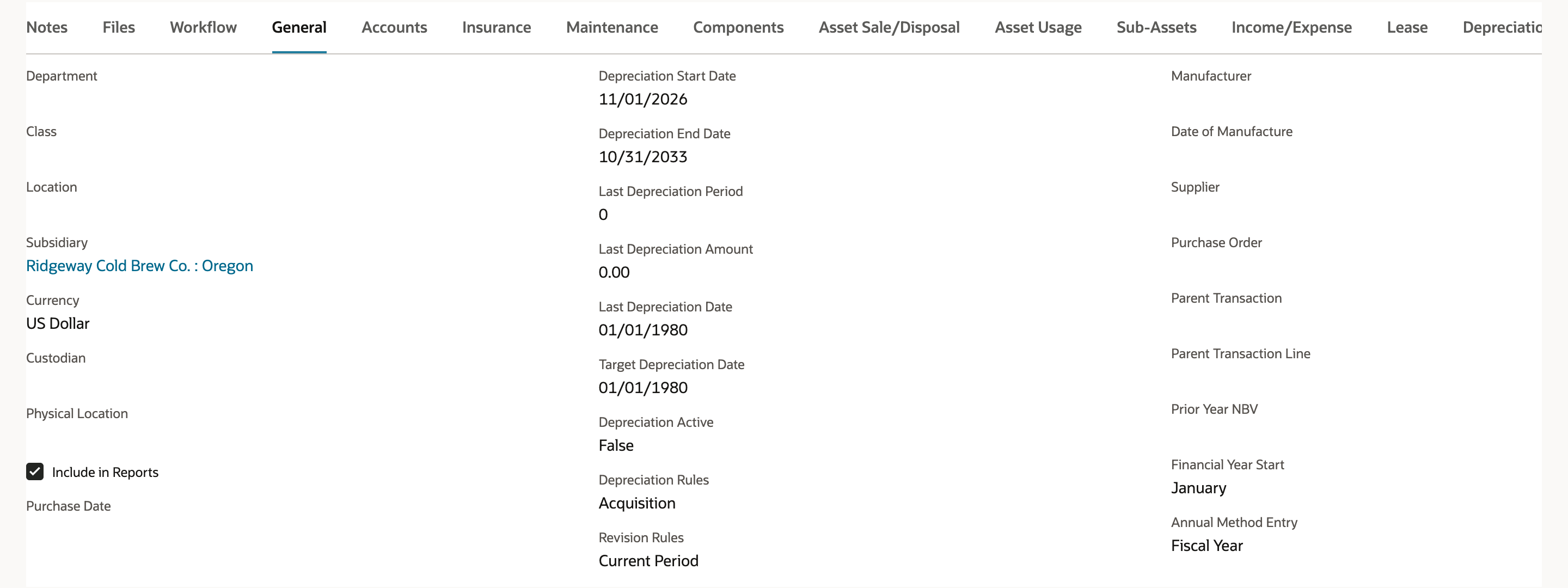 General subtab of FAM000056: Subsidiary Ridgeway Cold Brew Co. : Oregon, Depreciation Start Date 11/01/2026, Depreciation End Date 10/31/2033, Last Depreciation Period 0, Depreciation Active False. An arrow points to False.