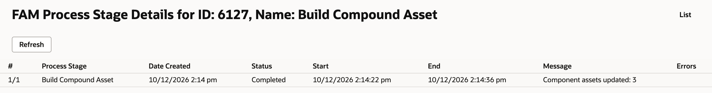 FAM Process Stage Details for ID 6127, Build Compound Asset: stage 1/1 Build Compound Asset, Completed, start 2:14:22 pm, end 2:14:36 pm, message Component assets updated: 3, no errors.